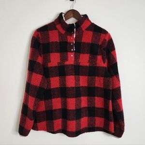 Andree By Unit Red & Black Buffalo Plaid Fleece Pullover Med Lumberjack Holidays